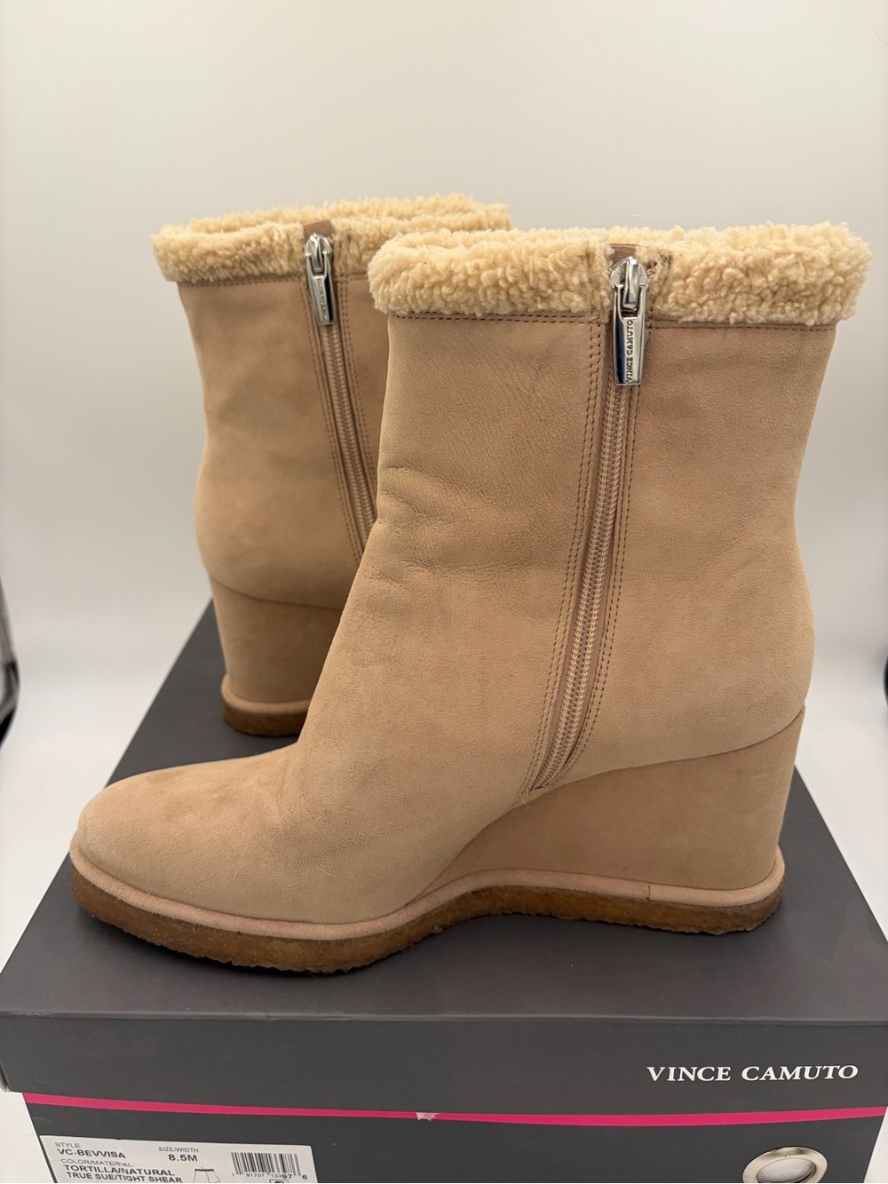 Vince Camuto Bevvisa Tortilla Natural  Fur Lined Ankle Booties Wedge Suede 8.5